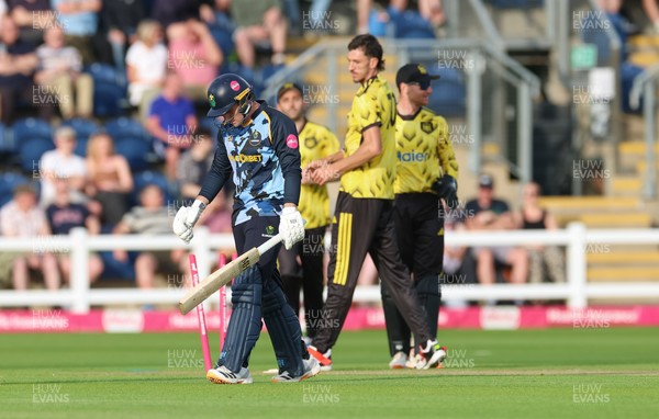 230526 - Glamorgan v Gloucestershire, Vitality Blast Men - Duan Jansen of Gloucestershire celebrates as Alex Horton of Glamorgan is bowled