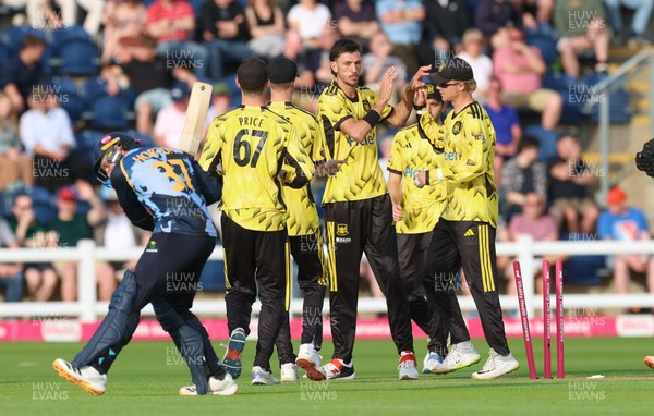 230526 - Glamorgan v Gloucestershire, Vitality Blast Men - Duan Jansen of Gloucestershire celebrates as Alex Horton of Glamorgan is bowled