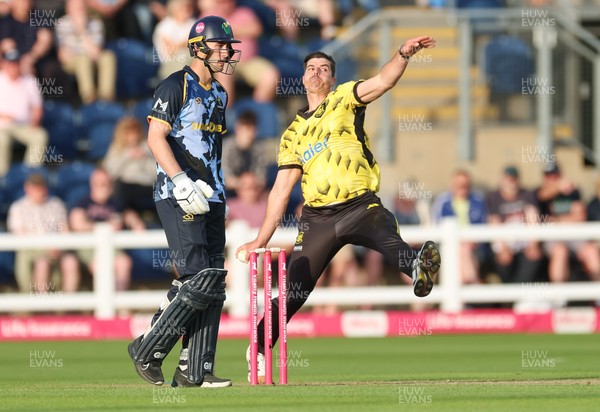 230526 - Glamorgan v Gloucestershire, Vitality Blast Men -  Marchant de Lange of Gloucestershire bowls