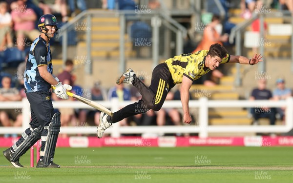 230526 - Glamorgan v Gloucestershire, Vitality Blast Men -  Marchant de Lange of Gloucestershire bowls