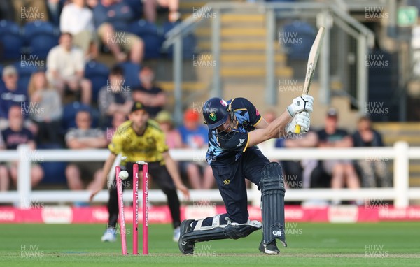 230526 - Glamorgan v Gloucestershire, Vitality Blast Men -  Henry Hurle of Glamorgan is bowled by Duan Jansen of Gloucestershire