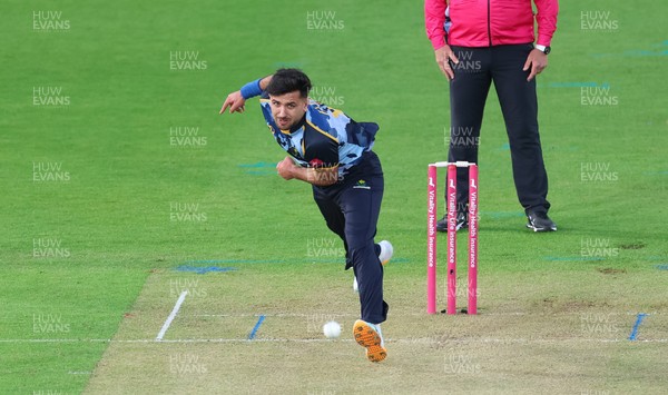 230526 - Glamorgan v Gloucestershire, Vitality Blast Men -  Fazalhaq Farooqi of Glamorgan celebrates as he takes the wicket of Ollie Price of Gloucestershire