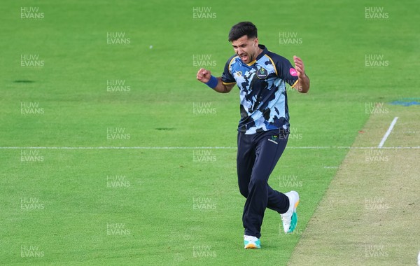 230526 - Glamorgan v Gloucestershire, Vitality Blast Men -  Fazalhaq Farooqi of Glamorgan celebrates as he takes the wicket of Ollie Price of Gloucestershire