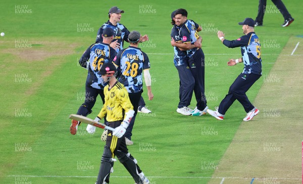 230526 - Glamorgan v Gloucestershire, Vitality Blast Men -  Fazalhaq Farooqi of Glamorgan celebrates as he takes the wicket of Ollie Price of Gloucestershire
