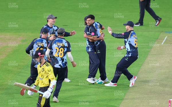 230526 - Glamorgan v Gloucestershire, Vitality Blast Men -  Fazalhaq Farooqi of Glamorgan celebrates as he takes the wicket of Ollie Price of Gloucestershire