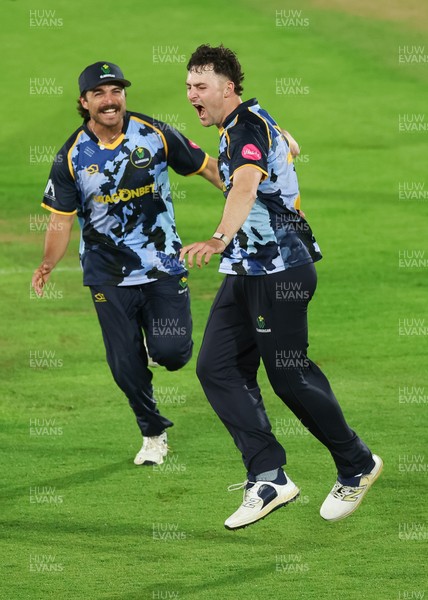 230526 - Glamorgan v Gloucestershire, Vitality Blast Men -  Ned Leonard of Glamorgan celebrates after James Bracey of Gloucestershire is given out hit wicket