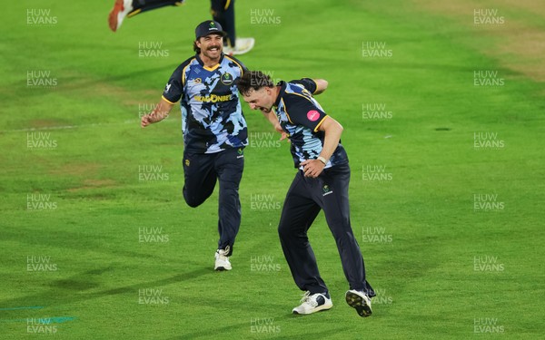 230526 - Glamorgan v Gloucestershire, Vitality Blast Men -  Ned Leonard of Glamorgan celebrates after James Bracey of Gloucestershire is given out hit wicket