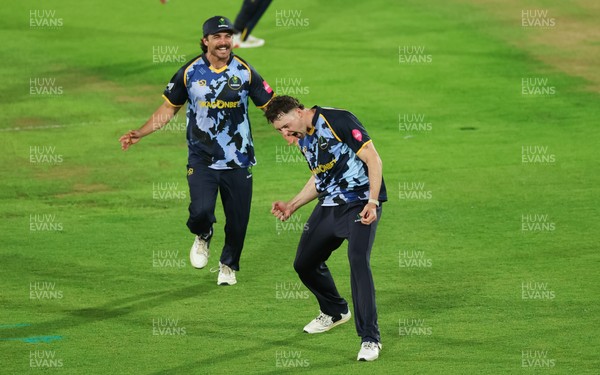 230526 - Glamorgan v Gloucestershire, Vitality Blast Men -  Ned Leonard of Glamorgan celebrates after James Bracey of Gloucestershire is given out hit wicket