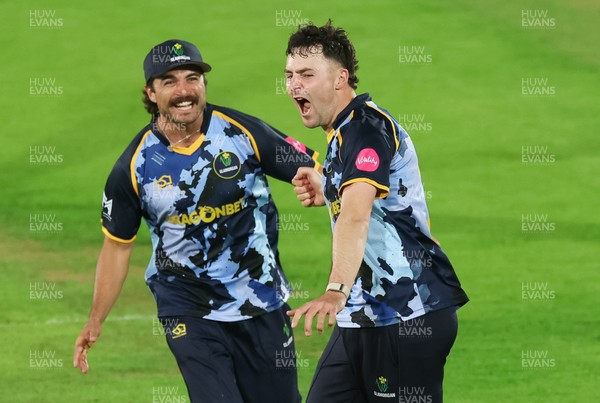 230526 - Glamorgan v Gloucestershire, Vitality Blast Men -  Ned Leonard of Glamorgan celebrates after James Bracey of Gloucestershire is given out hit wicket