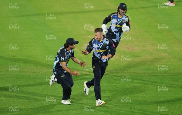 230526 - Glamorgan v Gloucestershire, Vitality Blast Men -  Mason Crane of Glamorgan celebrates after Sean Dickson of Glamorgan catches Duan Jansen of Gloucestershire off his bowling