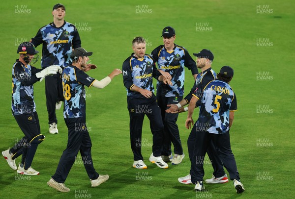 230526 - Glamorgan v Gloucestershire, Vitality Blast Men -  Glamorgan celebrates after taking the wicket of Duan Jansen of Gloucestershire