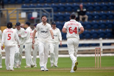 280924 - Glamorgan v Gloucestershire - County Championship - Ned Leonard of Glamorgan celebrates after bowling out Chris Dent of Gloucestershire