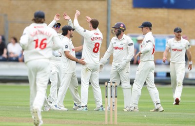 290625  Glamorgan v Gloucestershire, Rothesay County Championship Division 2 - Ben Kellaway of Glamorgan celebrates after taking the wicket of Joe Phillips of Gloucestershire