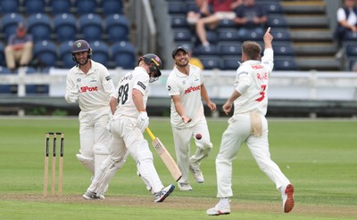 290625  Glamorgan v Gloucestershire, Rothesay County Championship Division 2 - Celebrations as Kiran Carlson of Glamorgan catches Miles Hammond of Gloucestershire off the bowling of Mason Crane of Glamorgan