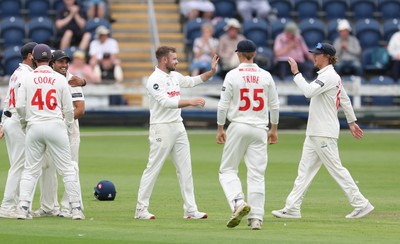 290625  Glamorgan v Gloucestershire, Rothesay County Championship Division 2 - Celebrations as Kiran Carlson of Glamorgan catches Miles Hammond of Gloucestershire off the bowling of Mason Crane of Glamorgan