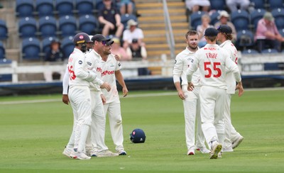 290625  Glamorgan v Gloucestershire, Rothesay County Championship Division 2 - Celebrations as Kiran Carlson of Glamorgan catches Miles Hammond of Gloucestershire off the bowling of Mason Crane of Glamorgan