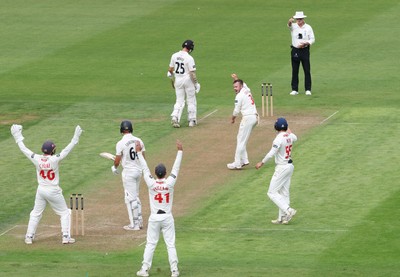 290625  Glamorgan v Gloucestershire, Rothesay County Championship Division 2 - Mason Crane of Glamorgan celebrates after Ben Charlesworth of Gloucestershire is given out lbw