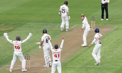 290625  Glamorgan v Gloucestershire, Rothesay County Championship Division 2 - Mason Crane of Glamorgan celebrates after Ben Charlesworth of Gloucestershire is given out lbw