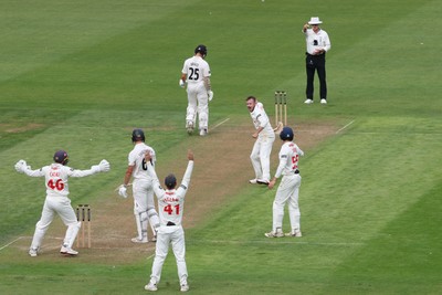 290625  Glamorgan v Gloucestershire, Rothesay County Championship Division 2 - Mason Crane of Glamorgan celebrates after Ben Charlesworth of Gloucestershire is given out lbw