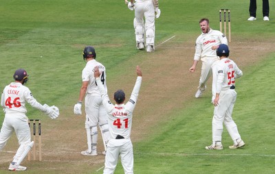 290625  Glamorgan v Gloucestershire, Rothesay County Championship Division 2 - Mason Crane of Glamorgan celebrates after Ben Charlesworth of Gloucestershire is given out lbw