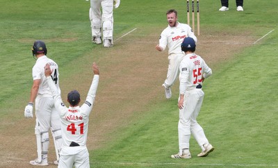 290625  Glamorgan v Gloucestershire, Rothesay County Championship Division 2 - Mason Crane of Glamorgan celebrates after Ben Charlesworth of Gloucestershire is given out lbw