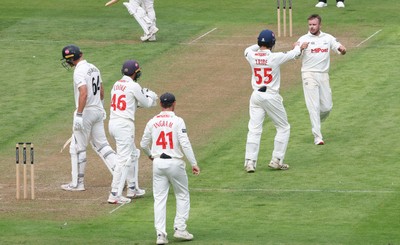 290625  Glamorgan v Gloucestershire, Rothesay County Championship Division 2 - Mason Crane of Glamorgan celebrates after Ben Charlesworth of Gloucestershire is given out lbw
