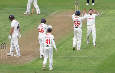 290625  Glamorgan v Gloucestershire, Rothesay County Championship Division 2 - Mason Crane of Glamorgan celebrates after Ben Charlesworth of Gloucestershire is given out lbw