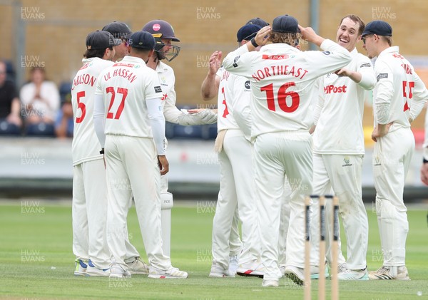 290625  Glamorgan v Gloucestershire, Rothesay County Championship Division 2 - Ben Kellaway of Glamorgan celebrates after taking the wicket of Joe Phillips of Gloucestershire