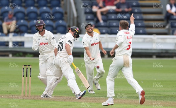 290625  Glamorgan v Gloucestershire, Rothesay County Championship Division 2 - Celebrations as Kiran Carlson of Glamorgan catches Miles Hammond of Gloucestershire off the bowling of Mason Crane of Glamorgan