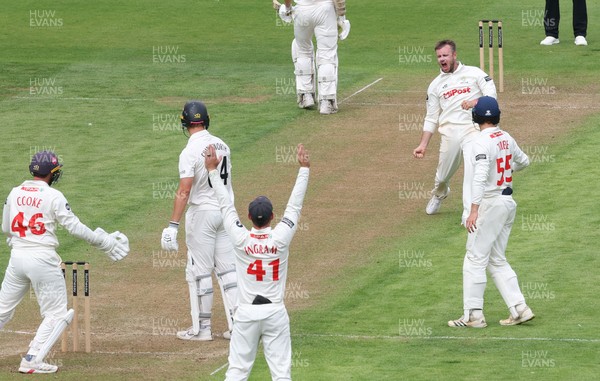 290625  Glamorgan v Gloucestershire, Rothesay County Championship Division 2 - Mason Crane of Glamorgan celebrates after Ben Charlesworth of Gloucestershire is given out lbw