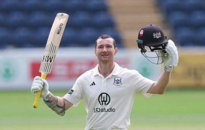 300625  Glamorgan v Gloucestershire, Rothesay County Championship Division 2 - James Bracey of Gloucestershire celebrates as he makes his 100