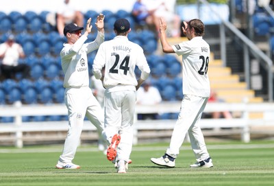 300625  Glamorgan v Gloucestershire, Rothesay County Championship Division 2 - Gloucestershire celebrate after taking the wicket of Asa Tribe of Glamorgan