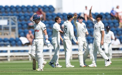 300625  Glamorgan v Gloucestershire, Rothesay County Championship Division 2 - Gloucestershire celebrate after taking the wicket of Asa Tribe of Glamorgan