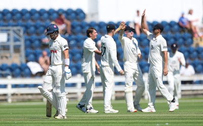 300625  Glamorgan v Gloucestershire, Rothesay County Championship Division 2 - Gloucestershire celebrate after taking the wicket of Asa Tribe of Glamorgan