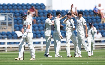 300625  Glamorgan v Gloucestershire, Rothesay County Championship Division 2 - Gloucestershire celebrate after taking the wicket of Asa Tribe of Glamorgan
