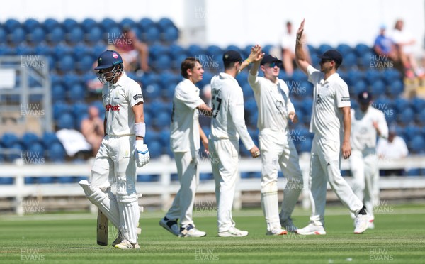 300625  Glamorgan v Gloucestershire, Rothesay County Championship Division 2 - Gloucestershire celebrate after taking the wicket of Asa Tribe of Glamorgan