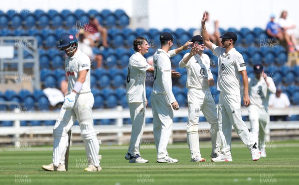 300625  Glamorgan v Gloucestershire, Rothesay County Championship Division 2 - Gloucestershire celebrate after taking the wicket of Asa Tribe of Glamorgan