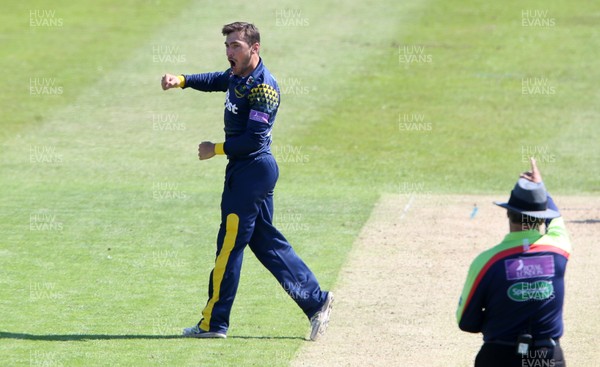 030618 - Glamorgan v Hampshire - Royal London One Day Cup - Andrew Salter of Glamorgan celebrates after successfully bowling James Vince for LBW