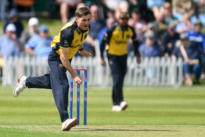 050825 - Glamorgan v Hampshire - Metro Bank One Day Cup - Andy Gorvin of Glamorgan bowling