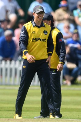 050825 - Glamorgan v Hampshire - Metro Bank One Day Cup - Asa Tribe of Glamorgan celebrates with team mates after he catches the ball to dismiss Tilak Varma of Hampshire