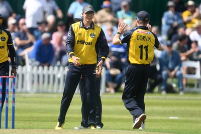 050825 - Glamorgan v Hampshire - Metro Bank One Day Cup - Asa Tribe of Glamorgan celebrates with team mates after he catches the ball to dismiss Tilak Varma of Hampshire