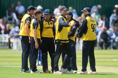 050825 - Glamorgan v Hampshire - Metro Bank One Day Cup - Andy Gorvin of Glamorgan celebrates with team mates after he bowls the ball and Joe Weatherley of Hampshire is LBW