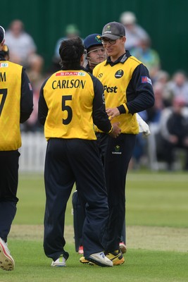 050825 - Glamorgan v Hampshire - Metro Bank One Day Cup - Kiran Carlson of Glamorgan celebrates with team Asa Tribe after he bowls the ball to dismiss Tom Prest of Hampshire