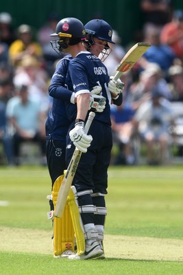 050825 - Glamorgan v Hampshire - Metro Bank One Day Cup - Nick Gubbins of Hampshire is congratulated by his team mate after hitting a century 