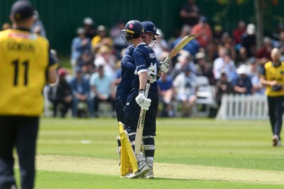 050825 - Glamorgan v Hampshire - Metro Bank One Day Cup - Nick Gubbins of Hampshire is congratulated by his team mate after hitting a century 