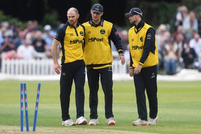 050825 - Glamorgan v Hampshire - Metro Bank One Day Cup - James Harris of Glamorgan bowls the ball to dismiss Andrew Neal of Hampshire