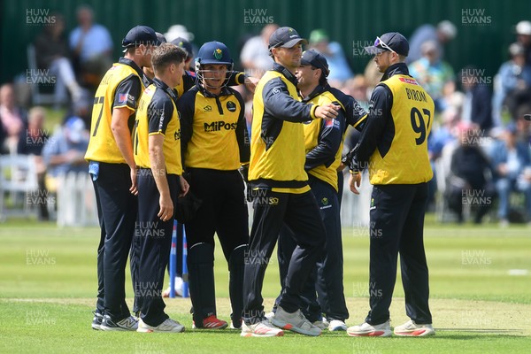050825 - Glamorgan v Hampshire - Metro Bank One Day Cup - Andy Gorvin of Glamorgan celebrates with team mates after he bowls the ball and Joe Weatherley of Hampshire is LBW
