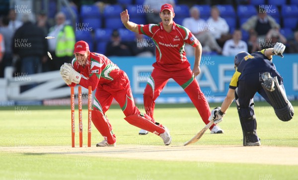 08.06.10.. Glamorgan Dragons v Hampshire Royals, Friends Provident Twenty20 -  Glamorgan's Mark Wallace removes the bails as Hampshire's Jimmy Adams is run out 