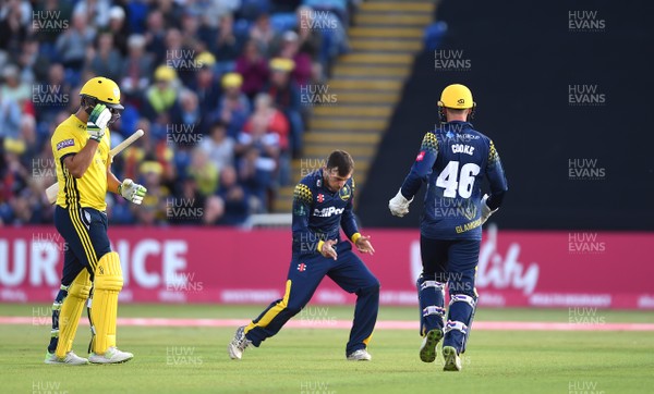 100818 - Glamorgan v Hampshire - Vitality Blast - Andrew Salter of Glamorgan celebrates the wicket of Rilee Rossouw of Hampshire with Chris Cooke
