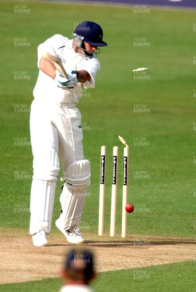 250403 - Glamorgan v Hampshire - Frizzell County Championship - Glamorgan's David Hemp is dismissed by Hampshire's Alan Mullally for 57 runs